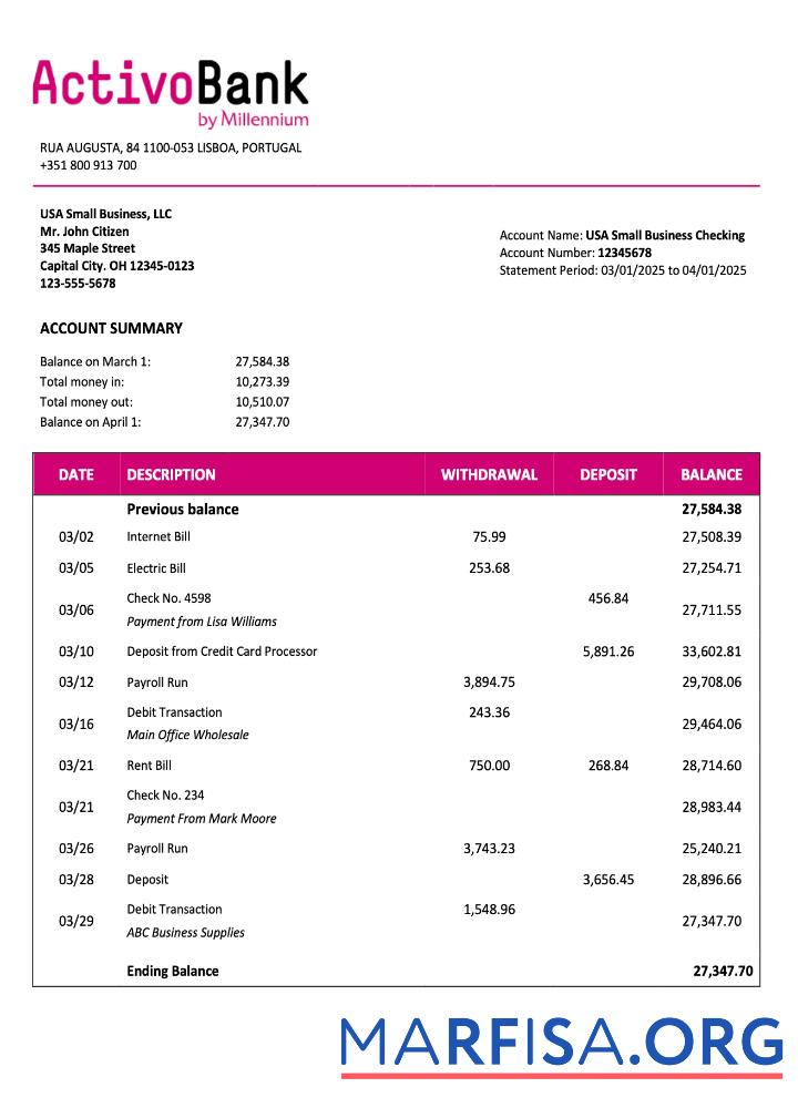 Realistic Portugal Activobank company checking account statement Word and PDF template
